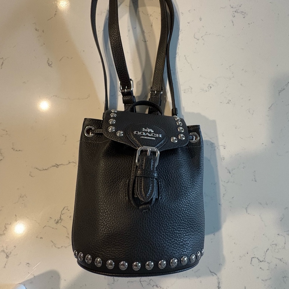 Coach Black Pebbles Leather Studded Drawstring Backpack with Silver Accents - Picture 2 of 11